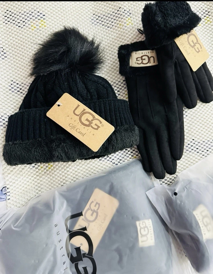 Juego de guantes y gorros UGG de invierno, UGG tejidos con cable con forro polar color negro Foto 3 de 4
