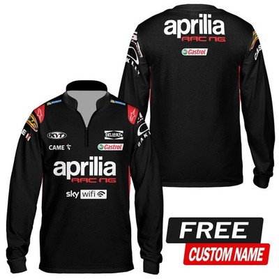 Custom Name Men's Aprilia Racing Black Logo 3D Zip Long Sleeve Shirt S-5XL