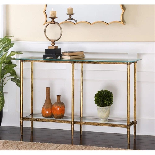Uttermost Elenio Modern Cast Iron and Glass Console Table in Gold - Picture 2 of 6