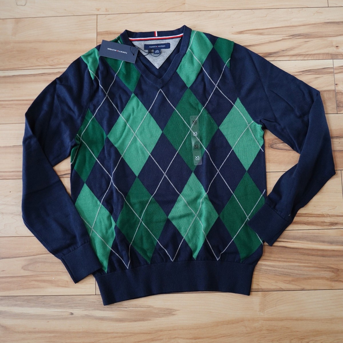 Pull Homme Vintage Col V Taille 52 – Vert Argyle/diamant – Grande Taille L