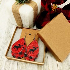 Leather Tear Drop Earrings Christmas Holiday Red Plaid Moose w/ Gift Box
