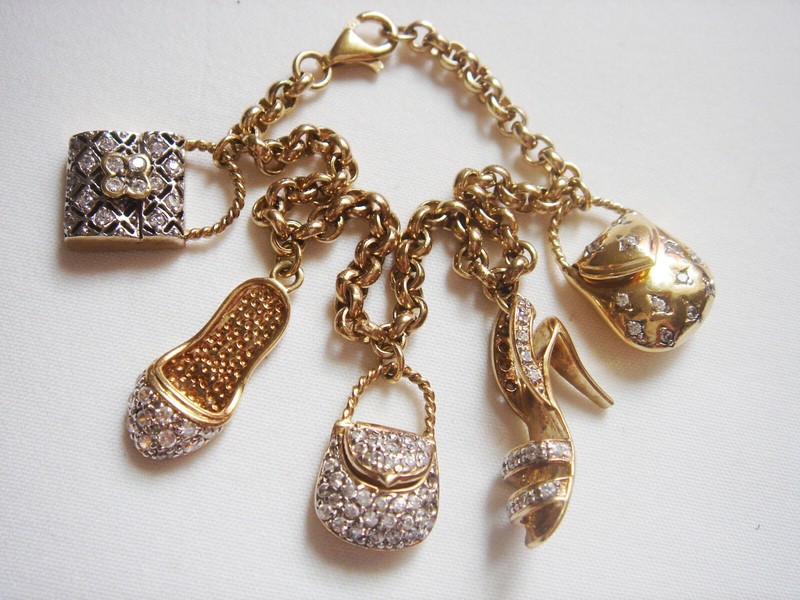 VINTAGE  ESTATE VERMEIL STERLING 925 SLIPPER  PURSE CHARM BRACELET