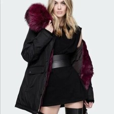 Nicole Benisti Women Brera Leather Trim Coat Jacket Black Burgundy Fox Hood Sz.s