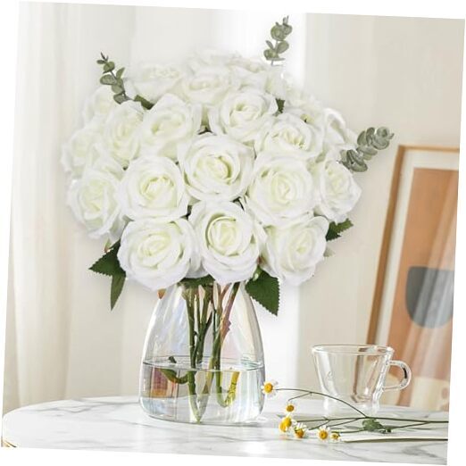 20PCS Artificial Roses with Long Stems - Realistic Silk Flowers, Fake White