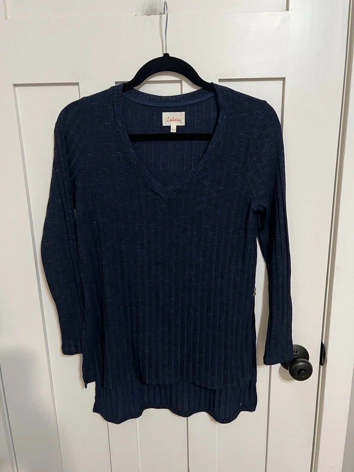 Anthropologie DELETTA Blue Ribbed Hi-Lo Tunic SMALL Petite $68 Knit Top Blue - Image 2 of 4