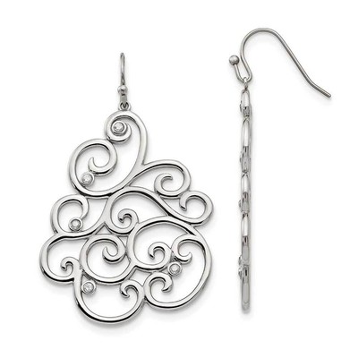 Stainless Steel Polished Filigree CZ Dangle Shepherd Hook Earrings