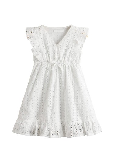 Girl's Ruffle Cap Sleeve Party Dress Eyelet A-Line Ruffle V-Neck Design - Picture 6 of 6