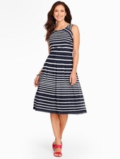 Talbots Navy Blue White Striped Silk Blend Lined Pleated Knee Dress sz 4 NWT NEW