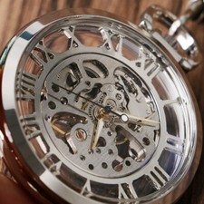Mens Vintage Mechanical Pocket Watch Silver Hollow Carved Fob Watch with Chain