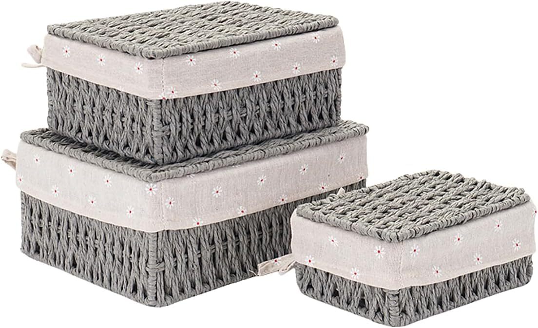 Woven Storage Baskets with Lids Set of 3 Size,Paper Rope Small Nesting Removable-image