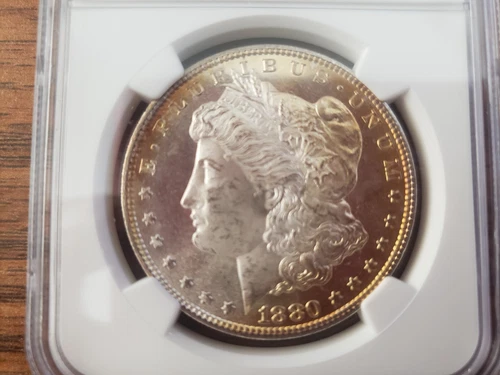 1880 Morgan Silver Dollar MS65 Cert. $1 Coin, Super NICE!  Rare Gold Toning!