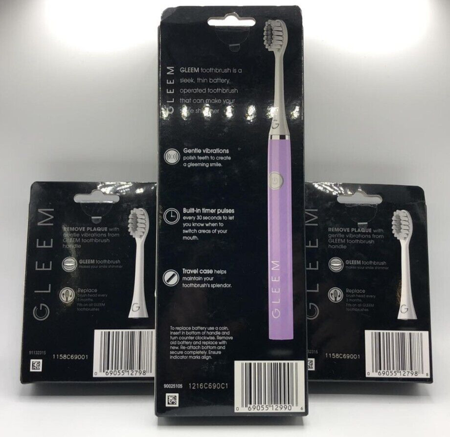 3PC Set GLEEM ~ 1 Lavender Battery Powered ToothBrush & 4 Replacement Heads TTL