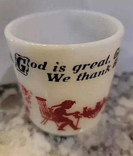 Vintage Hazel Atlas Milk Glass Child's Prayer Mug God Is Great Red, Blk, & White
