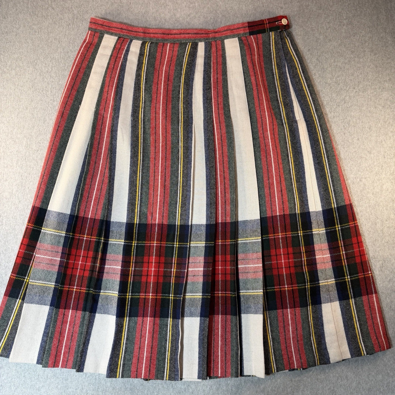 Vintage Pleated Preppy Skirt Womens 22W Midi Plaid Wool Blend USA Union Made 90s
