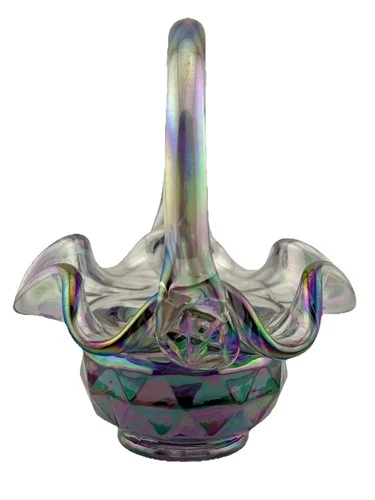 Vtg Fenton Amethyst Carnival Glass Mini Basket Iridized Iridescent Diamond Fan