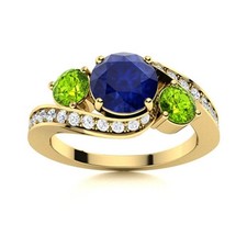 925 Sterling Silver Gold Plated Blue Sapphire  Peridot Three Stone Women Ring