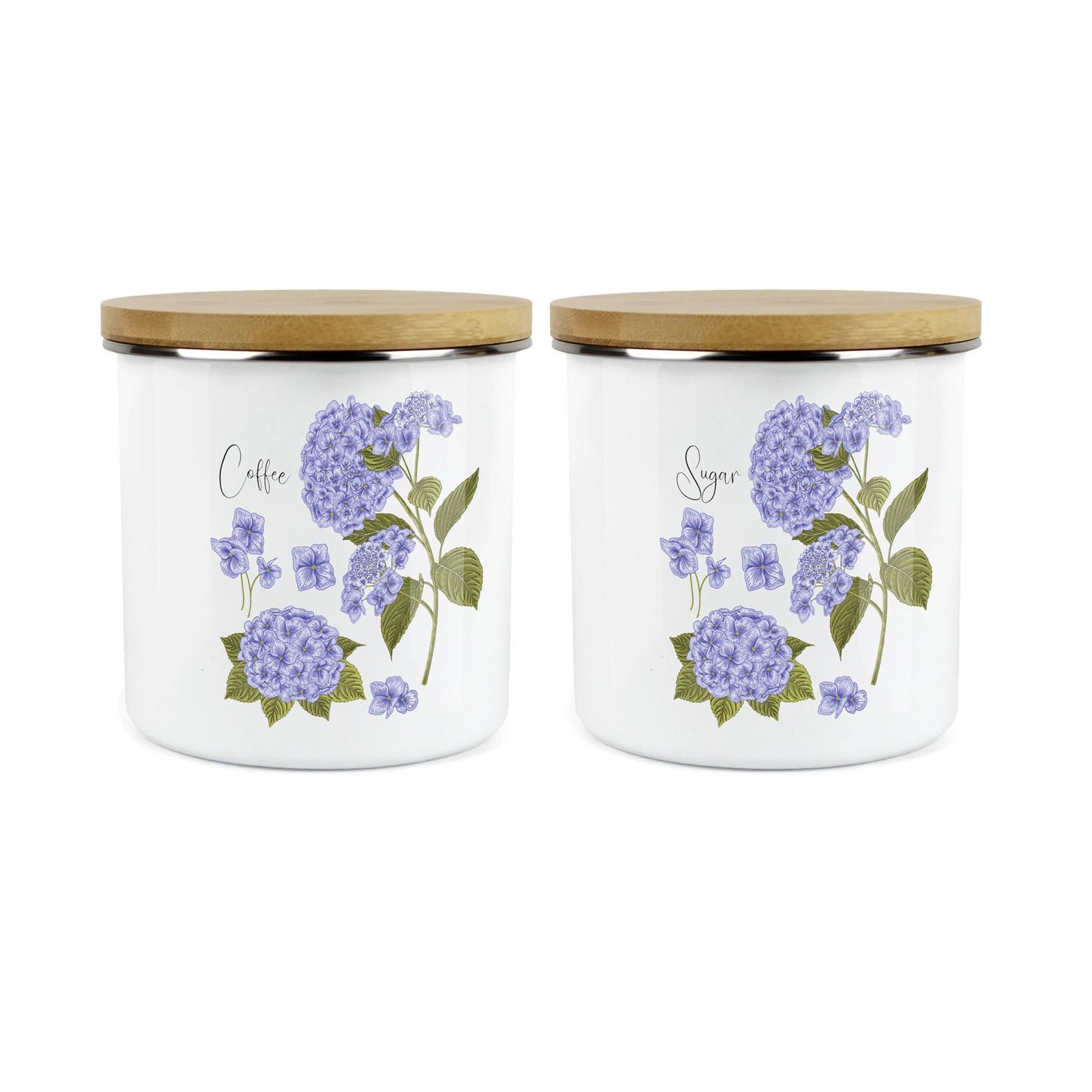 Hydrangea Floral Coffee & Sugar Canisters Set - Enamel Storage Container