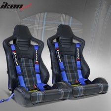 Universal Recline Racing Seat Pu Carbon Blue Plaid Dual Slider Buckle Belt X2