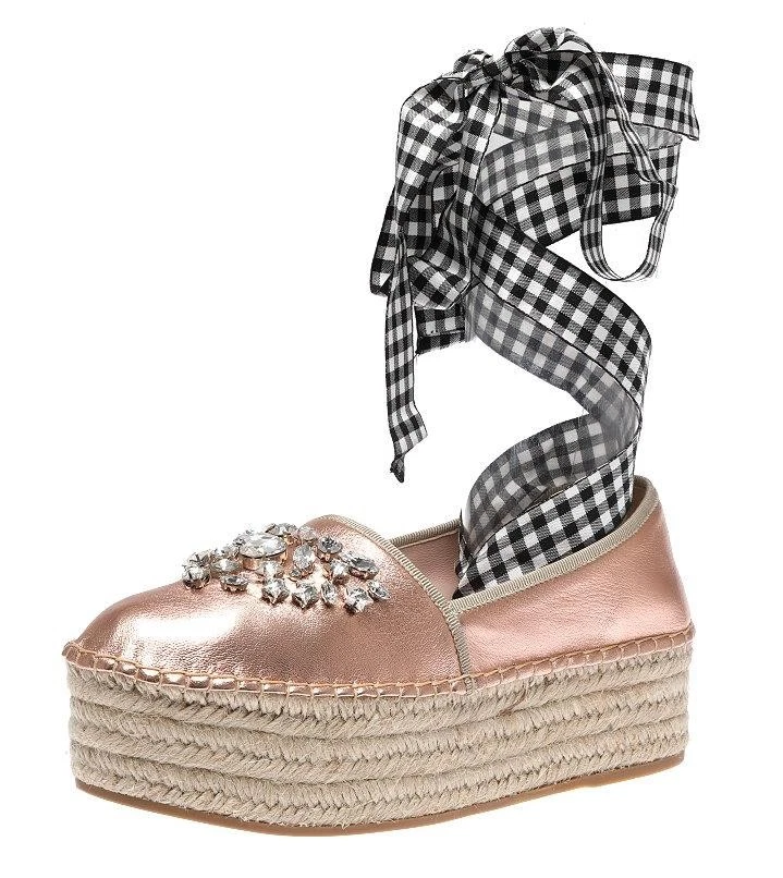 NEW MIU MIU PRADA COPPER LEATHER CRYSTALS ESPADRILLES LACE PLATFORM SHOES 40/10 - Image 2 of 4