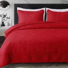 Soft Queen Size Quilt Set for All Seasons, 3-Piece Ultrasonic Geometric Quilt...