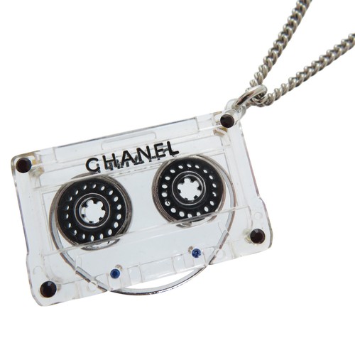AUTHENTIC CHANEL Cassette Tape Rhinestone Necklace clear blue plastic