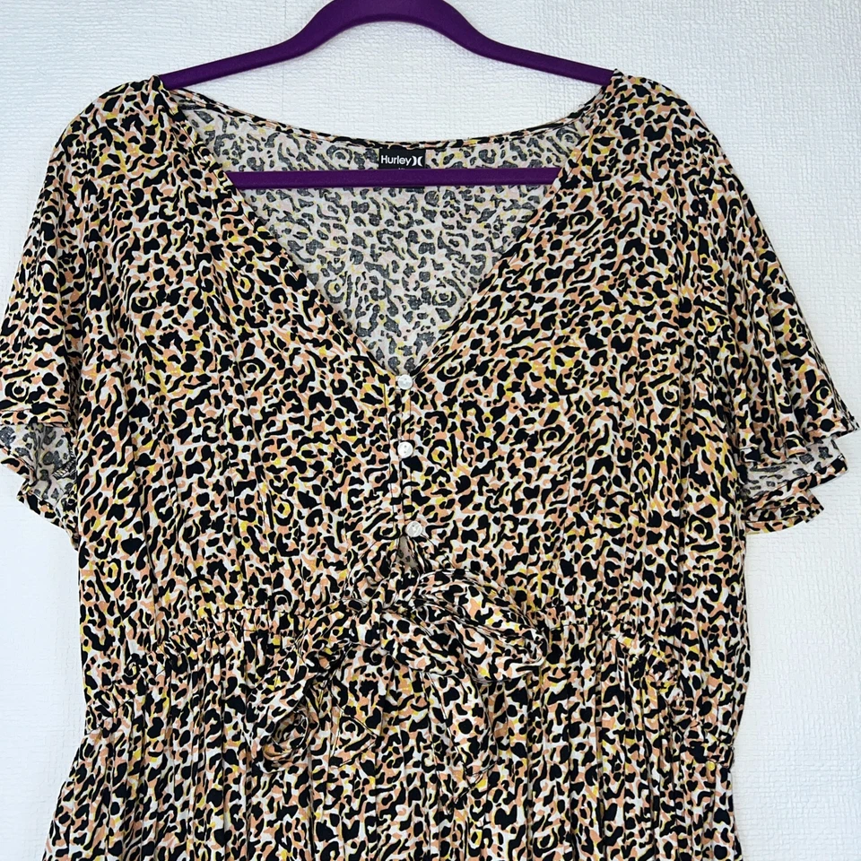 Hurley Flirty Dress Wild Party Women’s XL Animal Print V Neck Ruffle Hem - Image 3 of 4