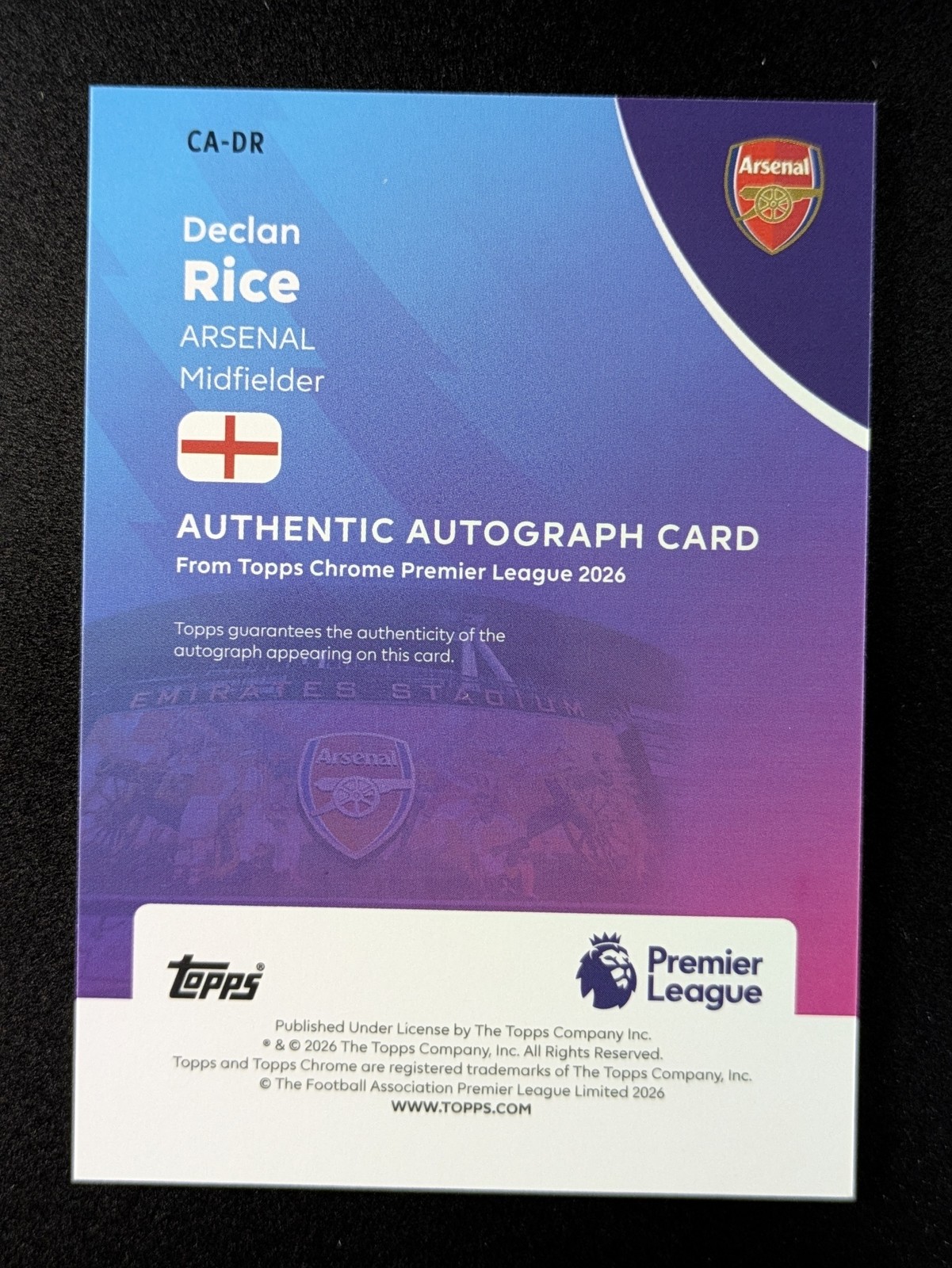 2025-26 Topps Chrome EPL DECLAN RICE Auto Signatures Sapphire Arsenal #CA-DR (B) view 2