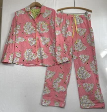 Nick And Nora Daisy Bee Mine Pink Cotton Pajama Set Size M Roll Tab Cuffs EUC!