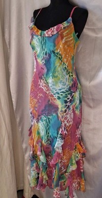 Y2K Per Una Tropical Ruffle Midi Dress Mermaid Animal Print Slip Vacation US 8