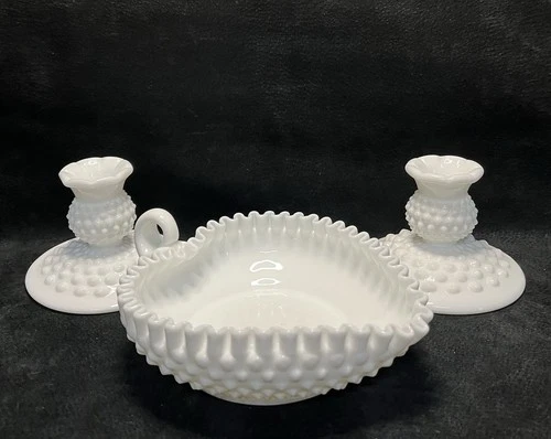 Vintage Lot White Milk Glass Hobnail Candle Holders + Heart Shaped Dish
