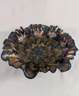 Antique Fenton Cobalt Carnival Glass Bowl Holly Pattern with Ruffled Edges