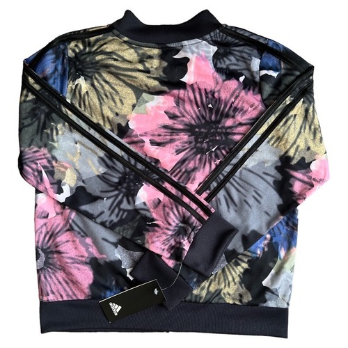 ADIDAS Black Multicolor Long Sleeve AOP 3S Tricot Jacket, Girls Large (14) - Picture 5 of 10