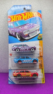 3 Datsun Bluebird 510 Wagon Hot Wheels purple red momo and blue surf