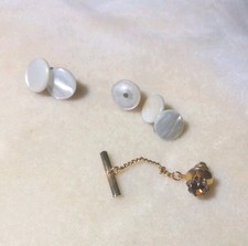 Vintage Tuxedo Mother Of Pearl Studs. Cufflink Amber Colored Tie Tack. Lot