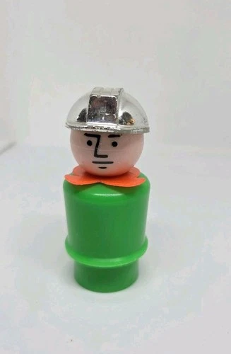 Vintage Fisher Price little people green construction worker man silver hat
