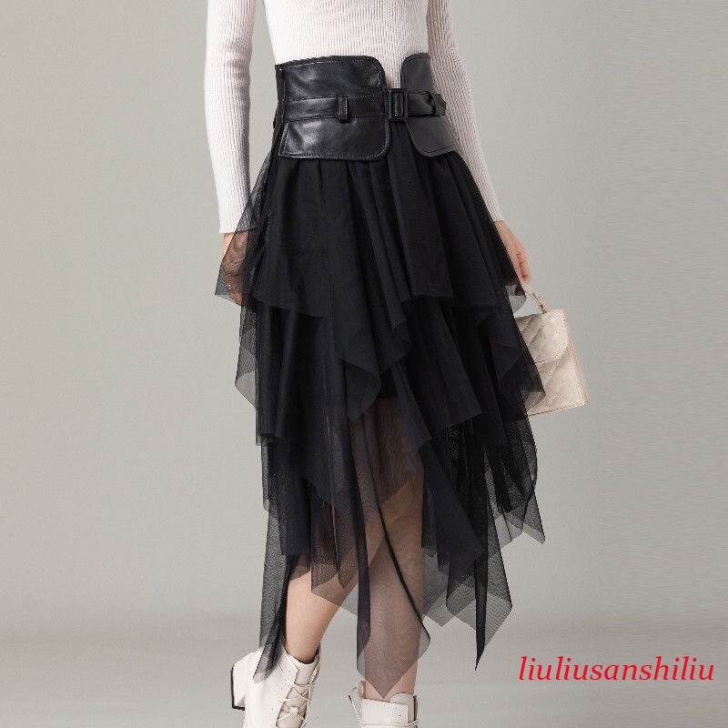 Lady Faux Leather Mesh Tulle Skirt A Line Asymmetric Midi Punk Gothic Chic Black