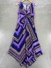 Chicos Dress Womens 0 US 4 Purple Multi V Neck Sleeveless Midi Handkerchief Hem