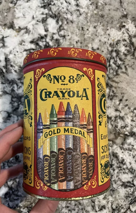 Vintage 1982 replica 1903 Crayola Gold Metal crayon tin can Binney