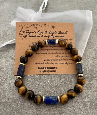 TIGERAUGE & LAPISLAZULI Stretch Armband Handarbeit Kristall Edelstein für Weisheit