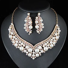 Sexy Pearl Austrian Crystal Necklace Earrings Set Bridal Wedding N12127g Gold