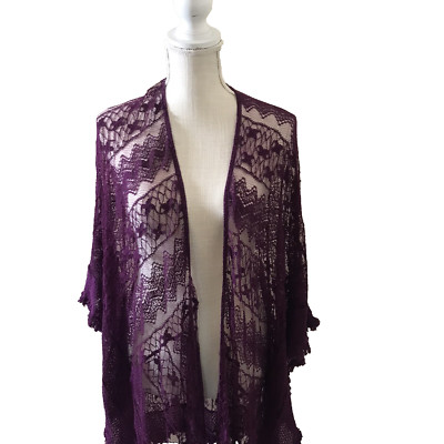 Ryan Woman's Purple Kimono Cardigan Open Front Embellished Trim Aprox Size M/L