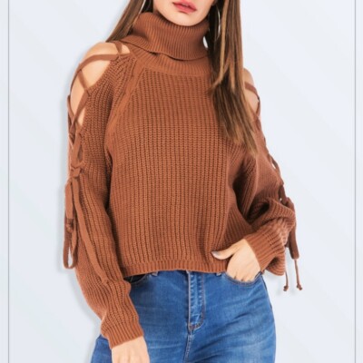 Damen Schnürpullover Pulli Pulli Rollkragen Sexy Cold Shoulder Freizeit