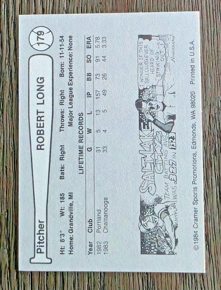 BOB LONG Signed 1984 Salt Lake Gulls #179 Card Cramer Sports Autograph - Image 2 of 2