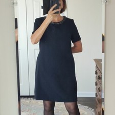 FRNCH Black Dress Beaded Neck Short Sleeve Pleated Back Knee Length Sz L