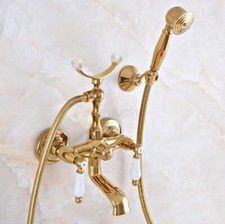 Gold Color Brass Wall Mount Bathroom Clawfoot Tub Filler Faucet Handshower