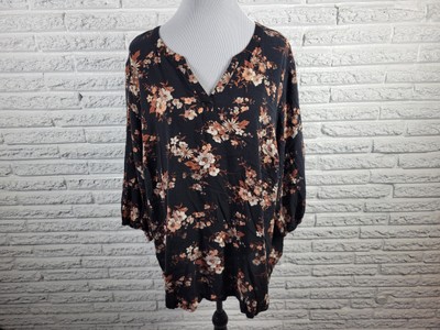 Croft Barrow Womens Top 3X Plus 3/4 Sleeve Black Brown Floral Rayon Pullover