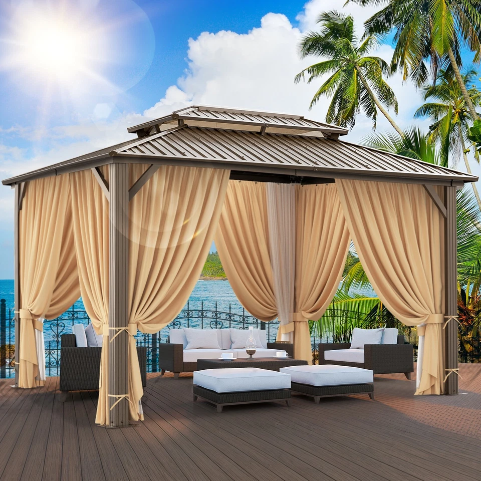 10'x12' Gazebo Hardtop Outdoor Double Roof Canopy with Curtains and Netting~NEW, - Image 3 of 4