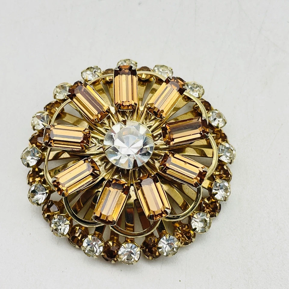Broche Vintage Coñac Estrás Redondo Capas Tono Dorado Prendedor Foto 4 de 4