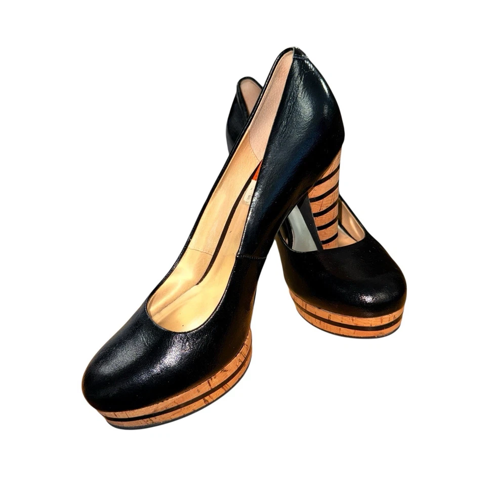 MICHAEL KORS MUJER 7M USADO NEGRO Cuero Dermott Rayas Corcho Plataforma BOMBA Foto 3 de 4