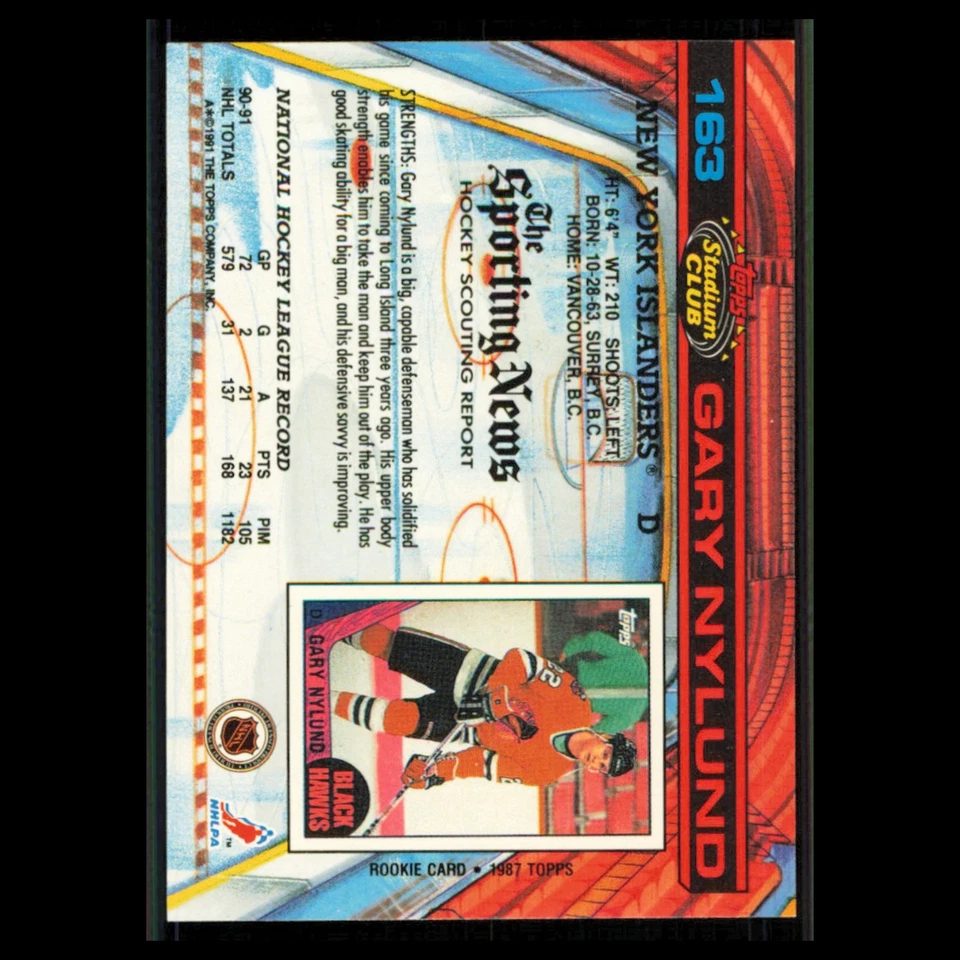 Gary Nylund #163 1991 Topps Stadium Club New York Islanders Hockey Card NHL NM - Image 2 of 3